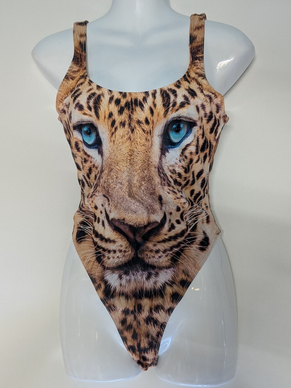Women Leopard Face One-Piece Swimsuit in Tan with Blue Eyes XS - S
